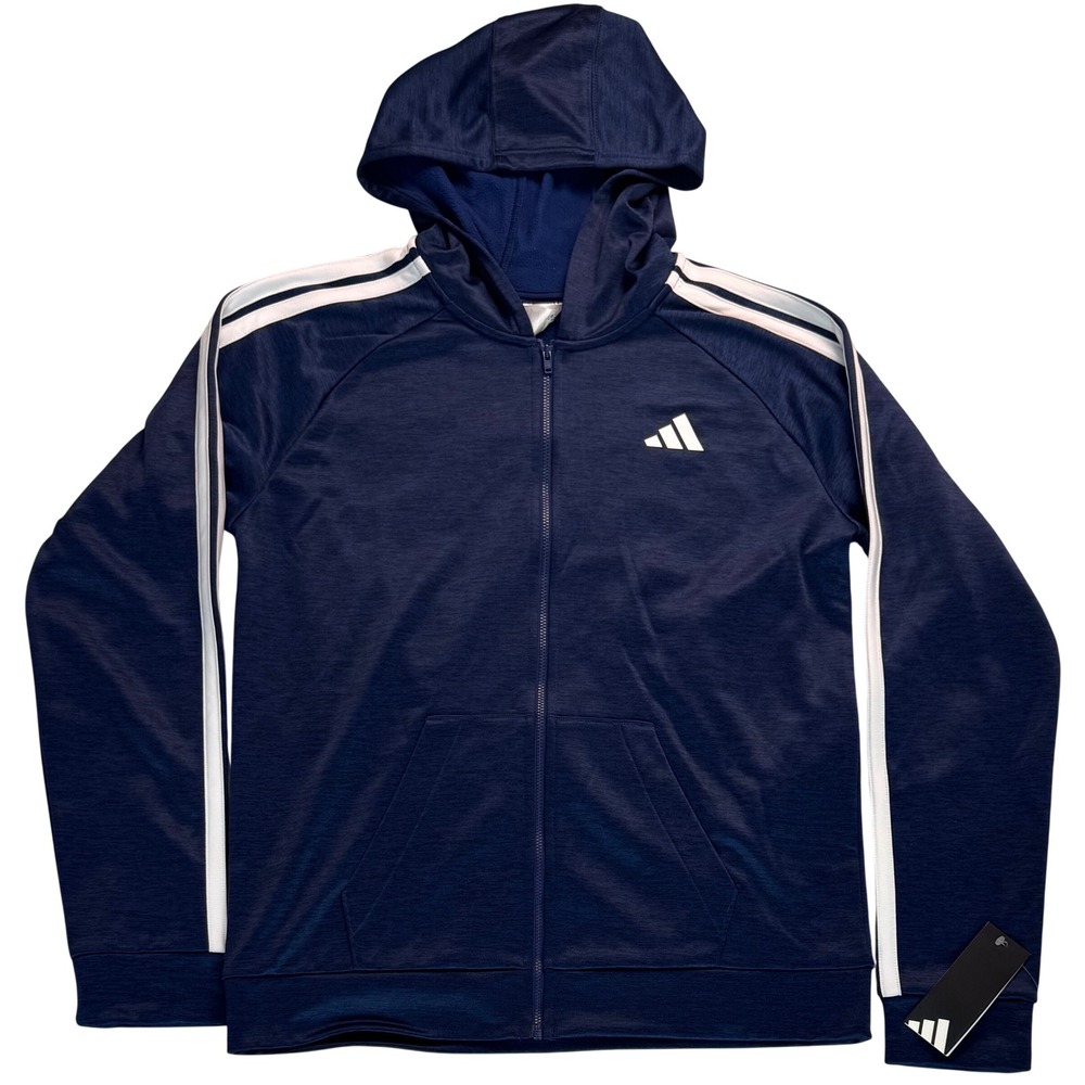 Adidas Boys XL 18/20 Full Zip Hoodie jacket Dark Blue Heather 3-Stripe NEW